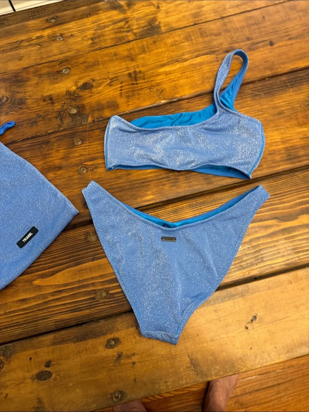 triangl swimwear Shimmering Light Blue Metallic Bikini Set with Pouch